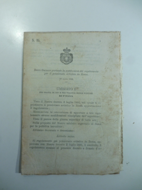 Regio decreto portante la sostituzione del regolamento per il pensionato artistico in Roma